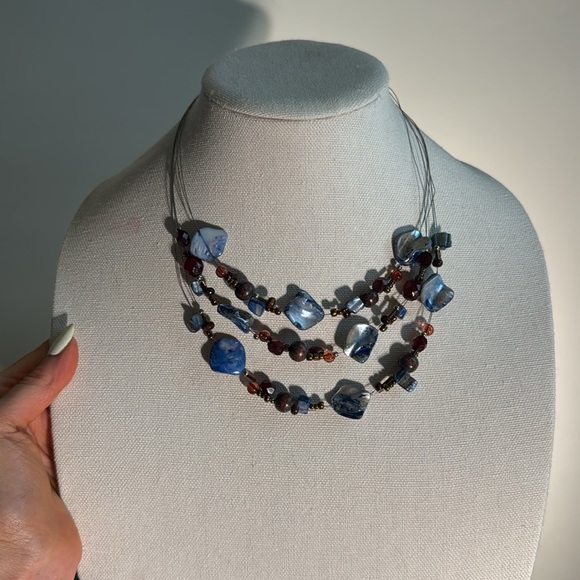 Handmade Wire Blue and Brown Beaded Layer Necklace - Picture 6 of 7